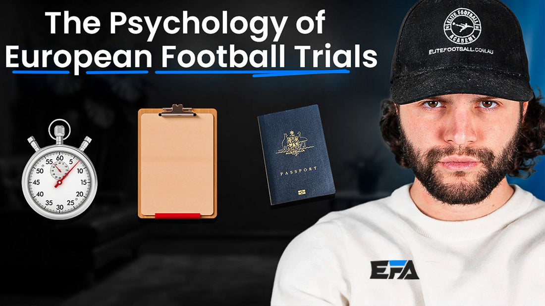 Parent and young footballer arriving in Europe for a professional football trial with uncertainty about the process