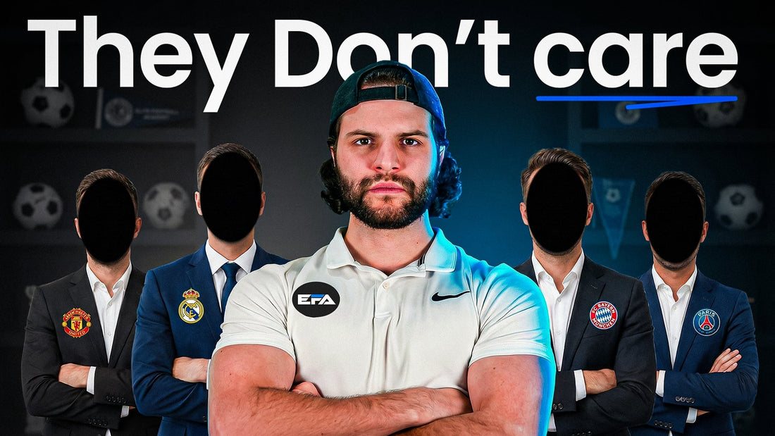 Thumbnail showing Alan Deriard in front of faceless football agents to illustrate why most football agencies do not truly care about players.