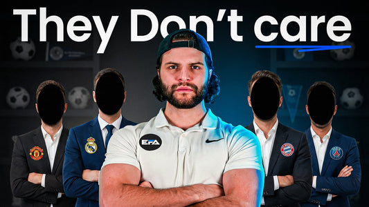 Thumbnail showing Alan Deriard in front of faceless football agents to illustrate why most football agencies do not truly care about players.